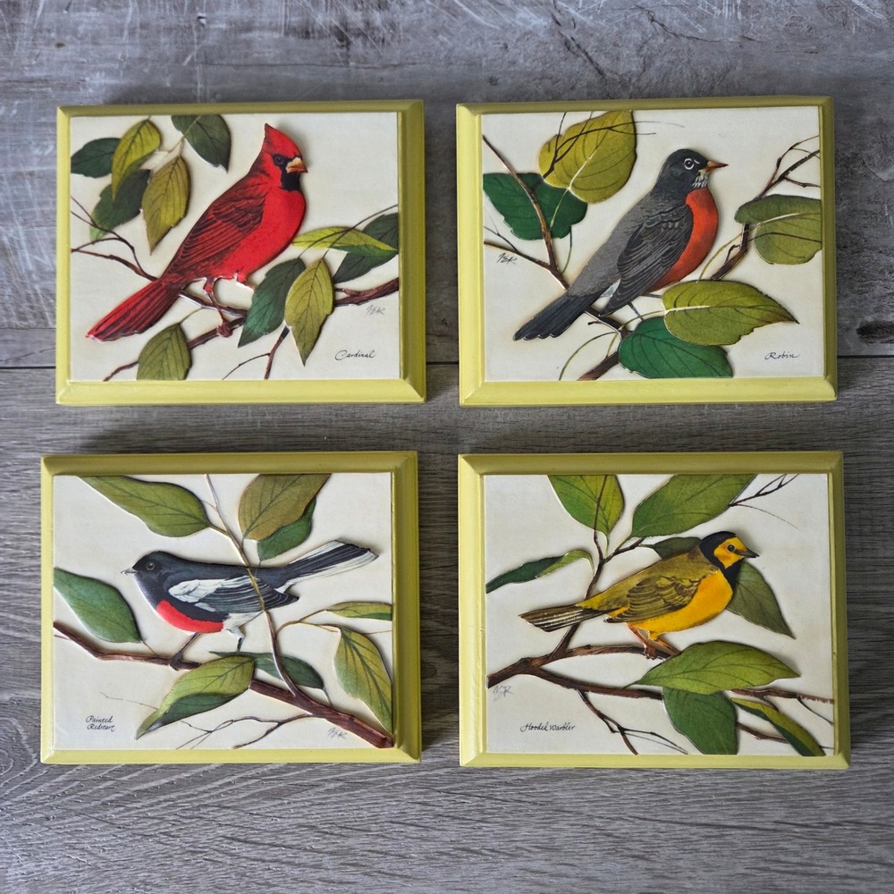 Vintage 1973‎ 3D Paper Tole Bird Wall Art Set 4 Wood Plaques Yellow Cottagecore